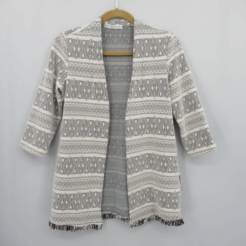 Anthropologie Potter’s Pot Fringe Open Front Cardigan Size Small White Black